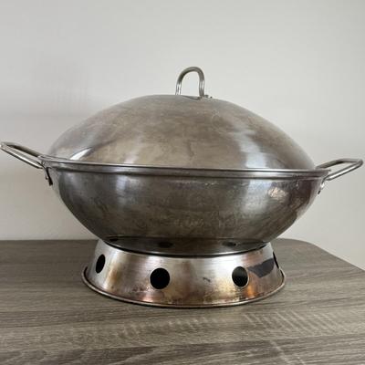 LOT 229: Stainless Steel Wok w/ Lid & Base and Bamboo Folding Basked made from Recycled Chopsticks