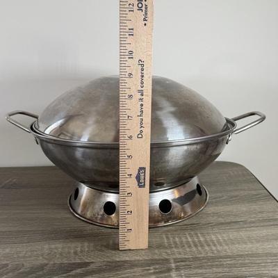 LOT 229: Stainless Steel Wok w/ Lid & Base and Bamboo Folding Basked made from Recycled Chopsticks