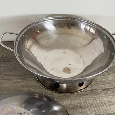 LOT 229: Stainless Steel Wok w/ Lid & Base and Bamboo Folding Basked made from Recycled Chopsticks