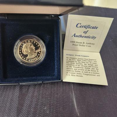 1999 United States Mint Susan B Anthony Proof Dollar Coin w COA