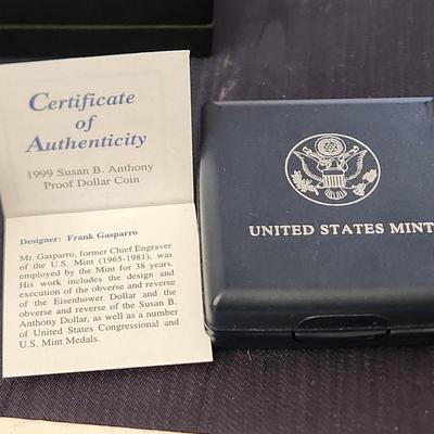 1999 United States Mint Susan B Anthony Proof Dollar Coin w COA