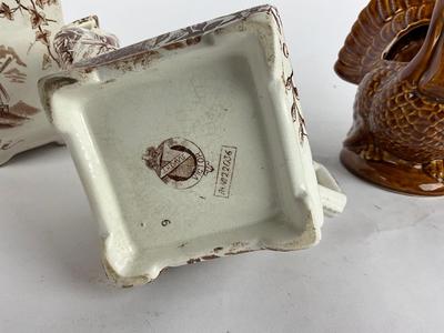 K856 Antique J.H. Davis Ironstone Coffee Pot and Turkey Vase