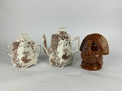K856 Antique J.H. Davis Ironstone Coffee Pot and Turkey Vase