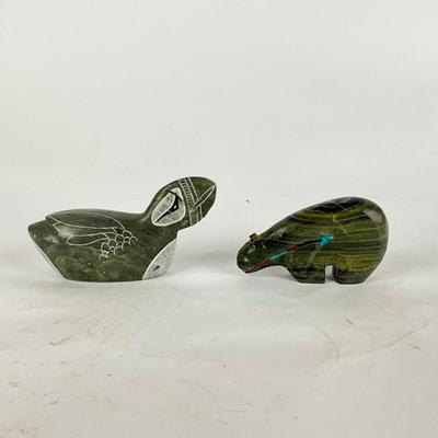 L905 Zuni Bear Stone Sculpture and Puffin Inuit Sculpture