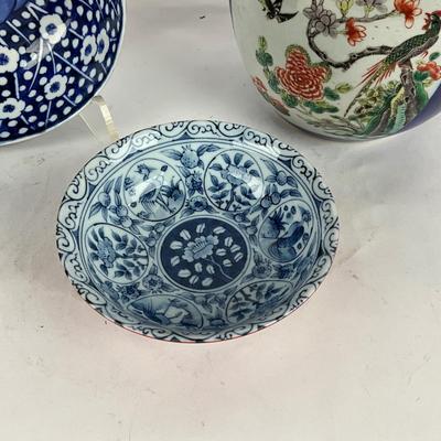 L906 Lot of Asian Pottery and Jade Inlay Jewelry Box