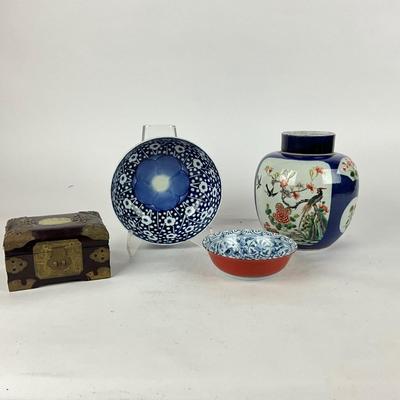 L906 Lot of Asian Pottery and Jade Inlay Jewelry Box