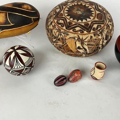 L907 Peruvian Lot Hand Carved Gourds and Pottery , Stone
