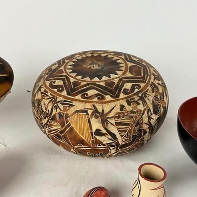 L907 Peruvian Lot Hand Carved Gourds and Pottery , Stone