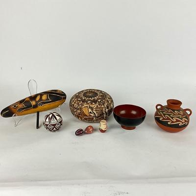 L907 Peruvian Lot Hand Carved Gourds and Pottery , Stone
