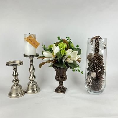 K925 Faux Magnolia Flower Arrangement, Glass Vase and Metal Candlesticks