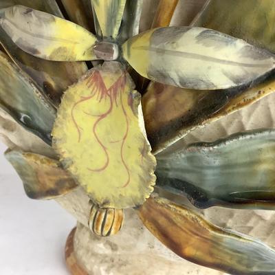 L927 Majolica Moon Flask Vase with Faux Floral Arrangement