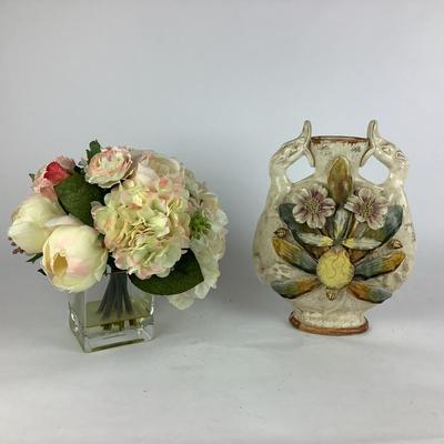L927 Majolica Moon Flask Vase with Faux Floral Arrangement