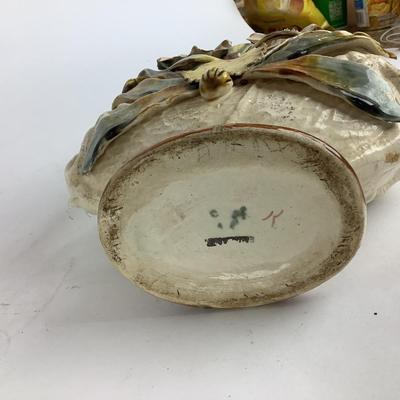 L927 Majolica Moon Flask Vase with Faux Floral Arrangement