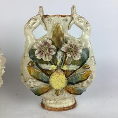 L927 Majolica Moon Flask Vase with Faux Floral Arrangement