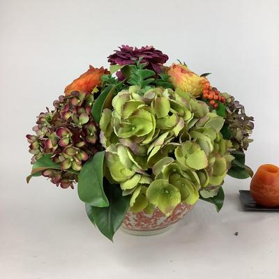 L929 Silk Floral Arrangement in Asian Bowl with Pear Candle Display