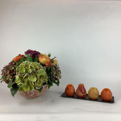L929 Silk Floral Arrangement in Asian Bowl with Pear Candle Display