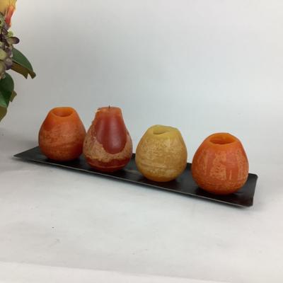 L929 Silk Floral Arrangement in Asian Bowl with Pear Candle Display