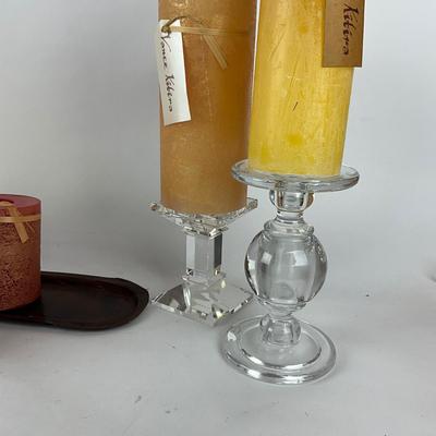 L949 Large Yellow Hurricane Candlestick with Glass Candlesticks and New Candles