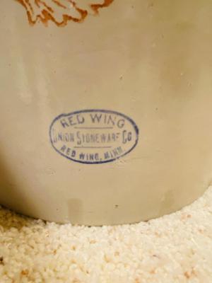 ANTIQUE RED WING STONEWARE 5 GALLON JUG W/FAUX FLOWERS