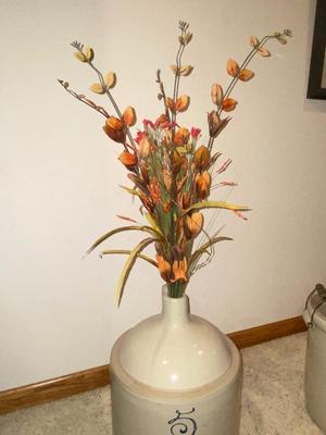 ANTIQUE RED WING STONEWARE 5 GALLON JUG W/FAUX FLOWERS