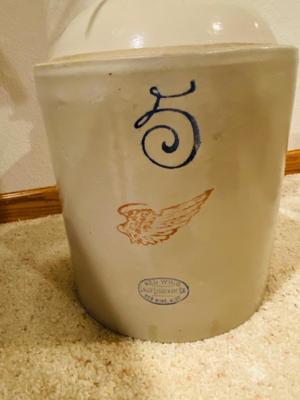 ANTIQUE RED WING STONEWARE 5 GALLON JUG W/FAUX FLOWERS