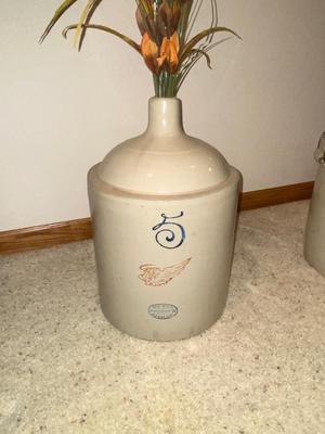 ANTIQUE RED WING STONEWARE 5 GALLON JUG W/FAUX FLOWERS