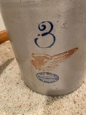 ANTIQUE RED WING 3 GALLON BALL LOCK CROCK (MISSING LID AND LOCKING HANDLE)