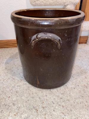 ANTIQUE BROWN STONEWARE GLAZED 4 GALLON CROCK