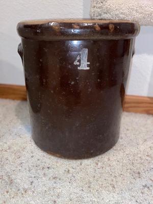 ANTIQUE BROWN STONEWARE GLAZED 4 GALLON CROCK