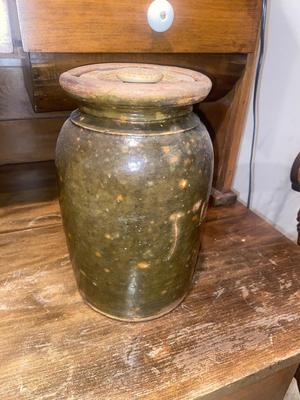 ANTIQUE BROWN GLAZED STONEWARE CANISTER JAR