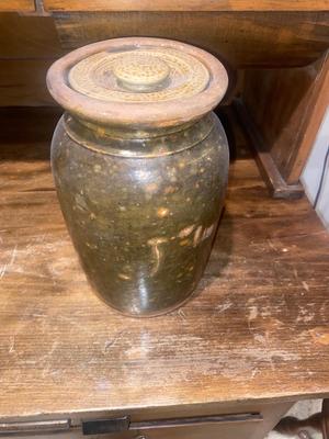 ANTIQUE BROWN GLAZED STONEWARE CANISTER JAR
