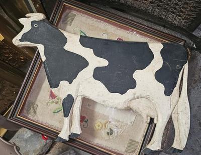 Painted Wood Cow Hangs on Wall