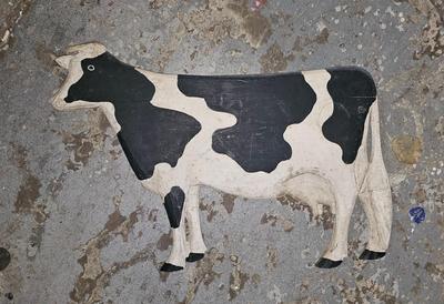 Painted Wood Cow Hangs on Wall