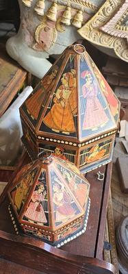 2 Vintage Rajasthani India Indian Mughal Octagonal Wooden Marriage Boxes