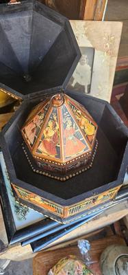 2 Vintage Rajasthani India Indian Mughal Octagonal Wooden Marriage Boxes