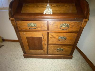 ANTIQUE SECRETARY W/SKELETON KEY LOCK AND ANTIQUE CHAIR WITH A CANE SEAT