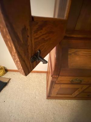 ANTIQUE SECRETARY W/SKELETON KEY LOCK AND ANTIQUE CHAIR WITH A CANE SEAT