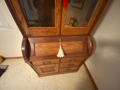ANTIQUE SECRETARY W/SKELETON KEY LOCK AND ANTIQUE CHAIR WITH A CANE SEAT