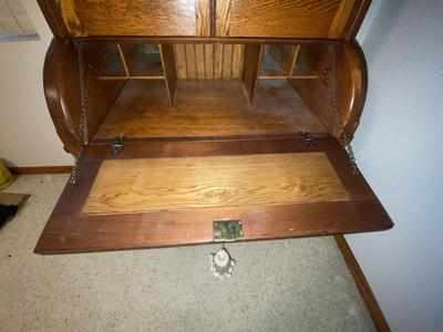 ANTIQUE SECRETARY W/SKELETON KEY LOCK AND ANTIQUE CHAIR WITH A CANE SEAT