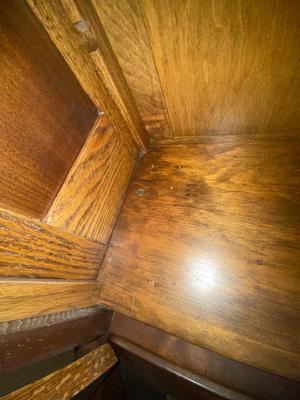 ANTIQUE SECRETARY W/SKELETON KEY LOCK AND ANTIQUE CHAIR WITH A CANE SEAT