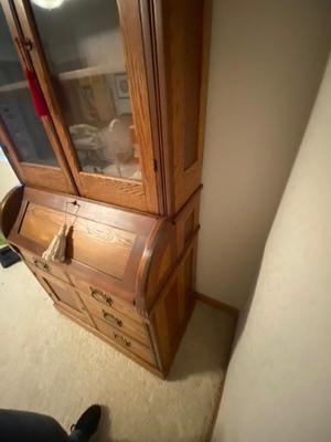 ANTIQUE SECRETARY W/SKELETON KEY LOCK AND ANTIQUE CHAIR WITH A CANE SEAT