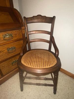 ANTIQUE SECRETARY W/SKELETON KEY LOCK AND ANTIQUE CHAIR WITH A CANE SEAT