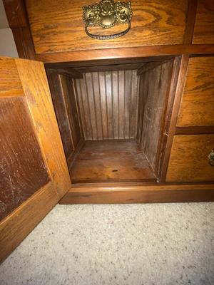 ANTIQUE SECRETARY W/SKELETON KEY LOCK AND ANTIQUE CHAIR WITH A CANE SEAT