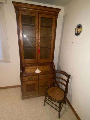ANTIQUE SECRETARY W/SKELETON KEY LOCK AND ANTIQUE CHAIR WITH A CANE SEAT