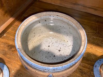SIGNED "BARNES" KITCHEN POTTERY COVERED CASSEROLE DISH AND CANDLESTICK HOLDERS
