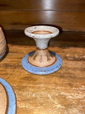 SIGNED "BARNES" KITCHEN POTTERY COVERED CASSEROLE DISH AND CANDLESTICK HOLDERS