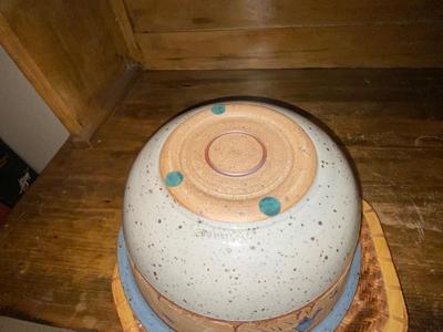 LARGE SIGNED "BARNES" POTTERY BOWL AND WEAVED HOT PAD