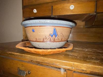 LARGE SIGNED "BARNES" POTTERY BOWL AND WEAVED HOT PAD