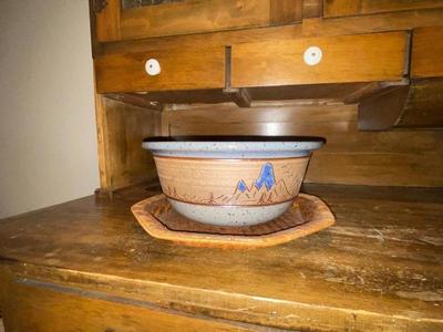 LARGE SIGNED "BARNES" POTTERY BOWL AND WEAVED HOT PAD