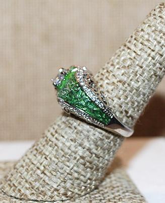 Size 7 ½ Marked .925 "Puffy" LIME GREEN Party Ring with a Single Main Clear Round Stone on a Silver Band (5.8g)